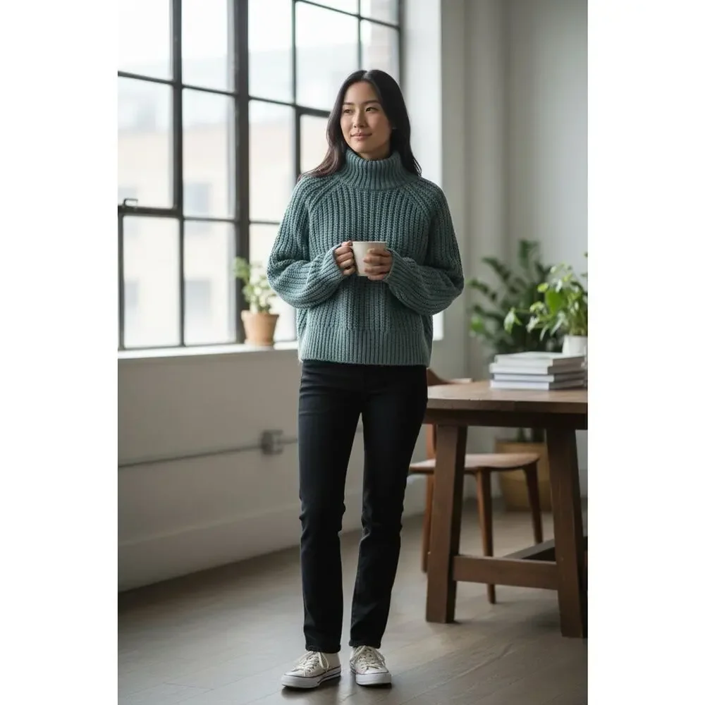 H&M Chunky Turtleneck Sweater Sz Small Aqua Green Thick Warm Long-Sleeve